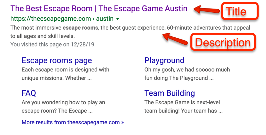 An example of a site title and meta description for a popular escape room