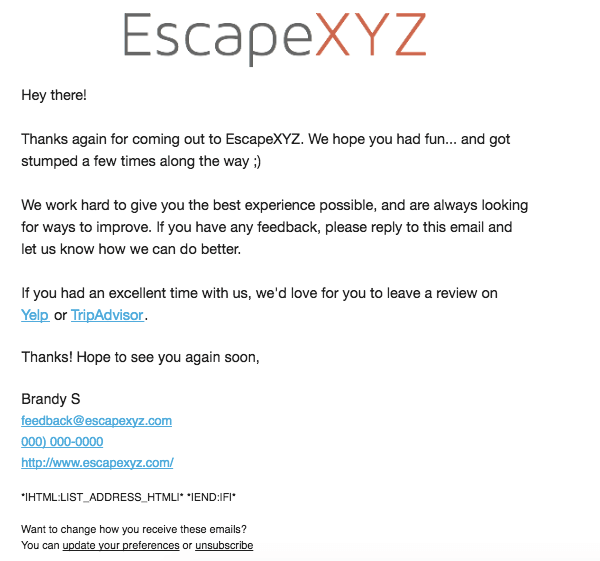 Escape Room Review Request Email