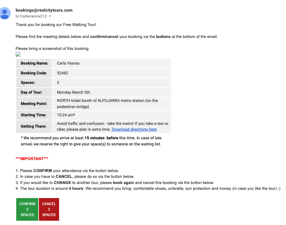 Real City Tours booking confirmation
