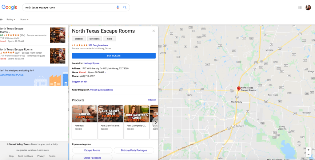 reserve with google example for an escape room