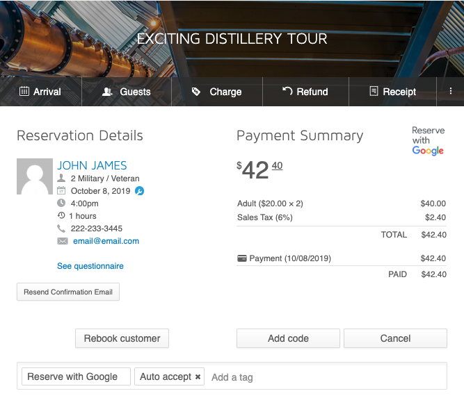 An example of a Reserve with Google booking in Xola