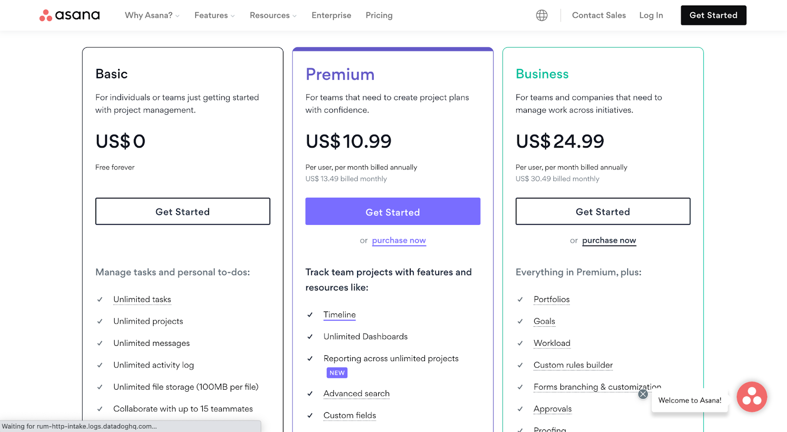 Asana pricing plans