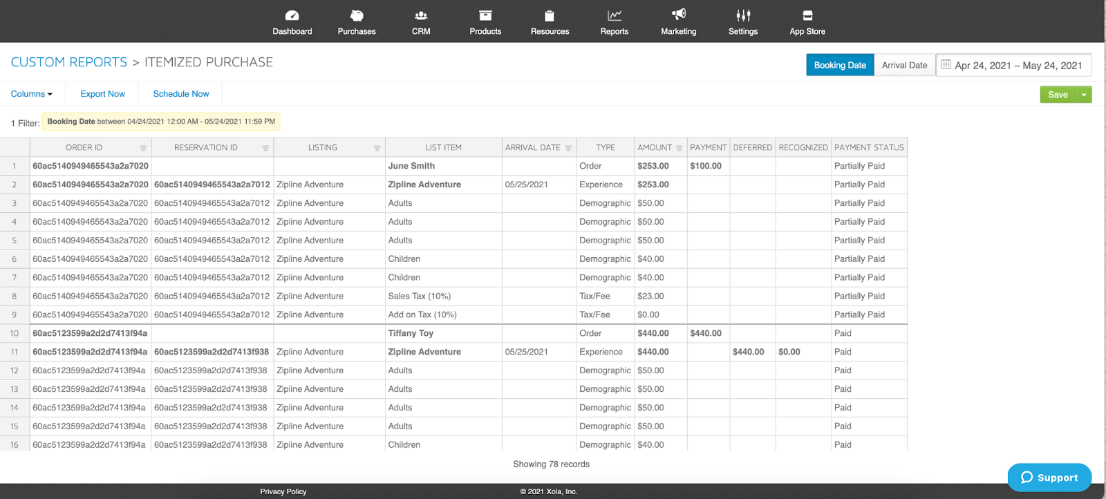 Itemized Purchases Report example