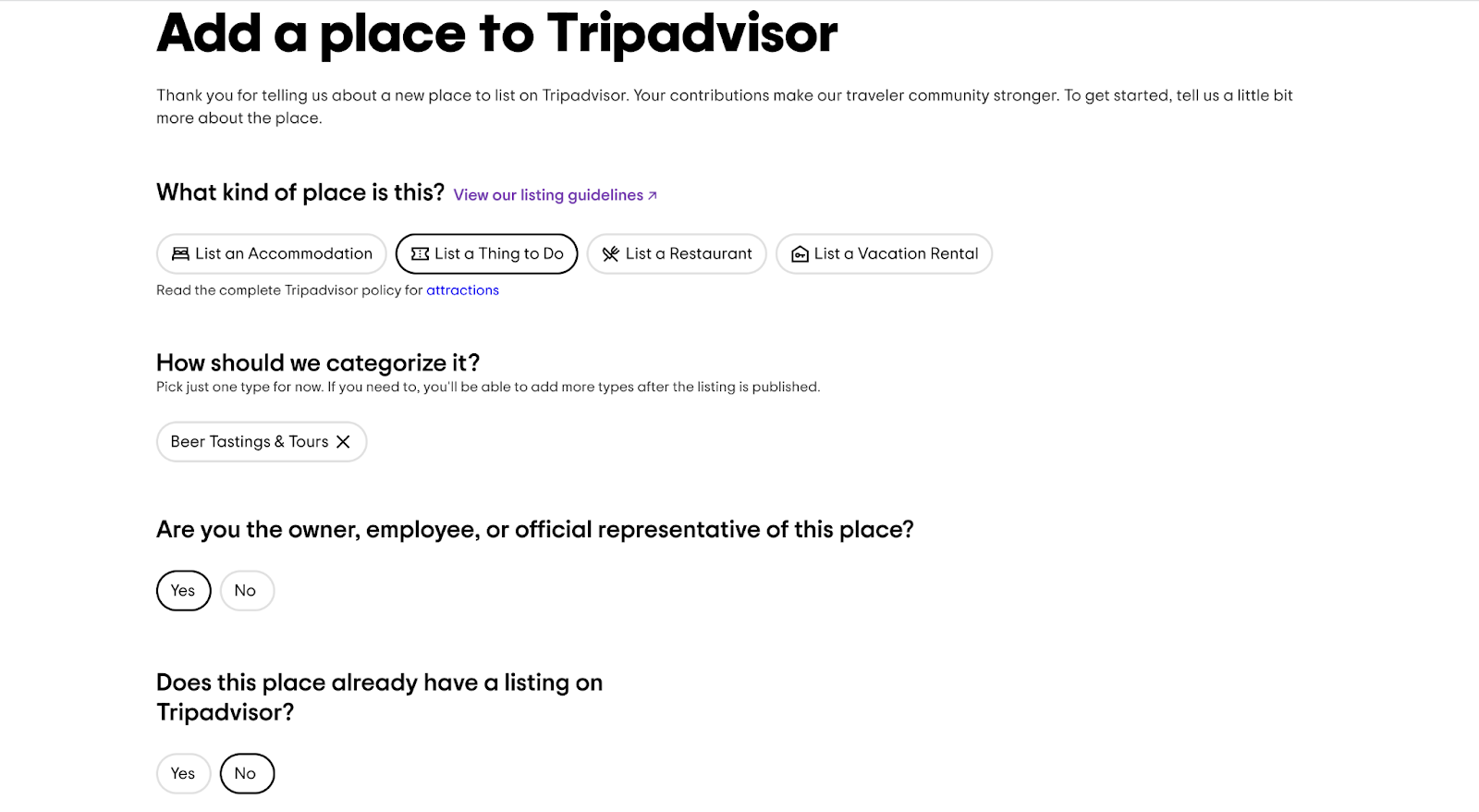 Trip advisor listing