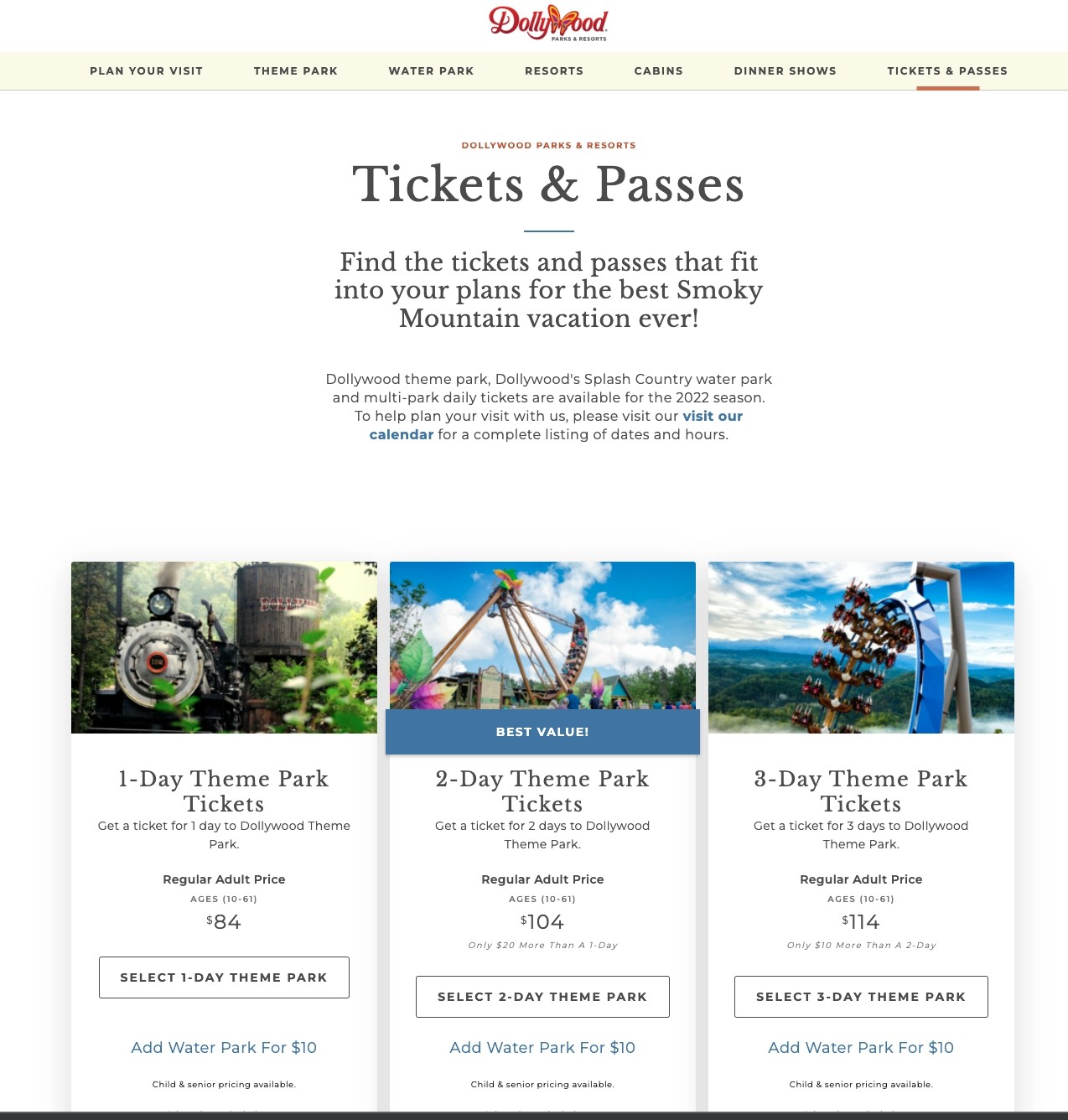 Dollywood tickets and passes landing page