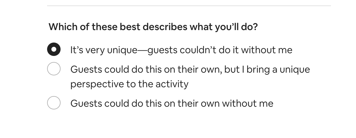 Options on experience airbnb