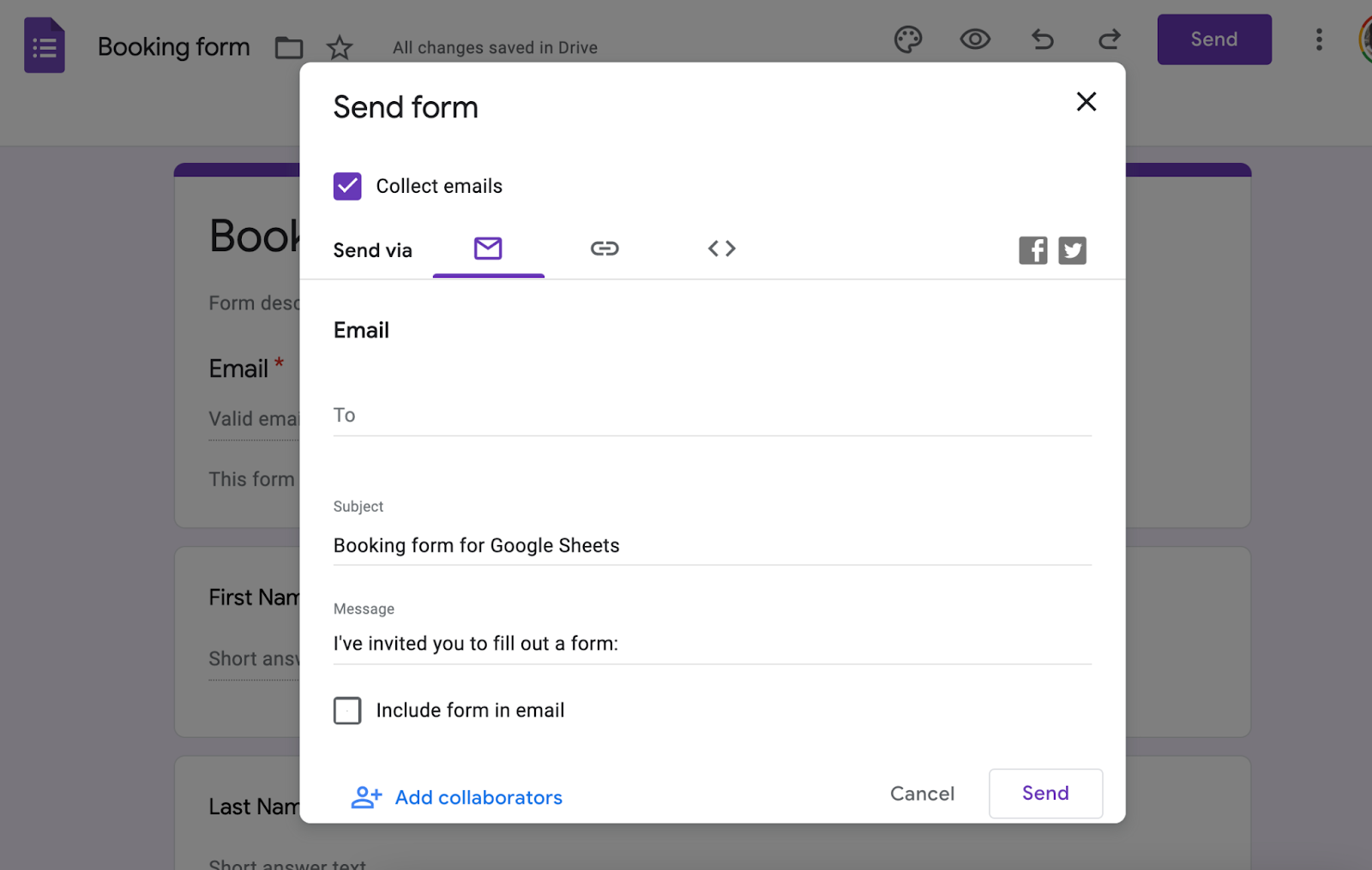 Send form in google forms