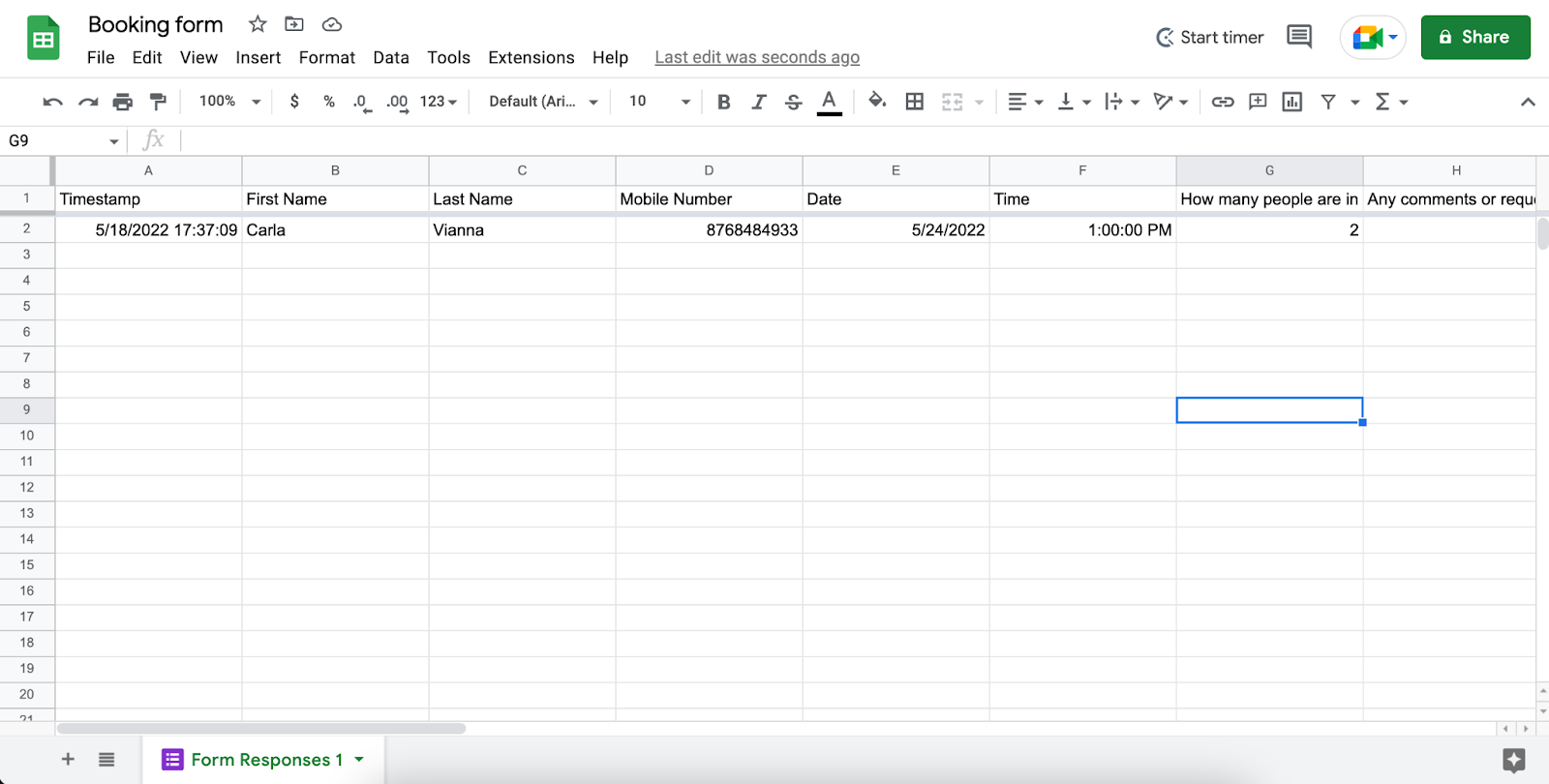 Filled booking form on Google Sheets