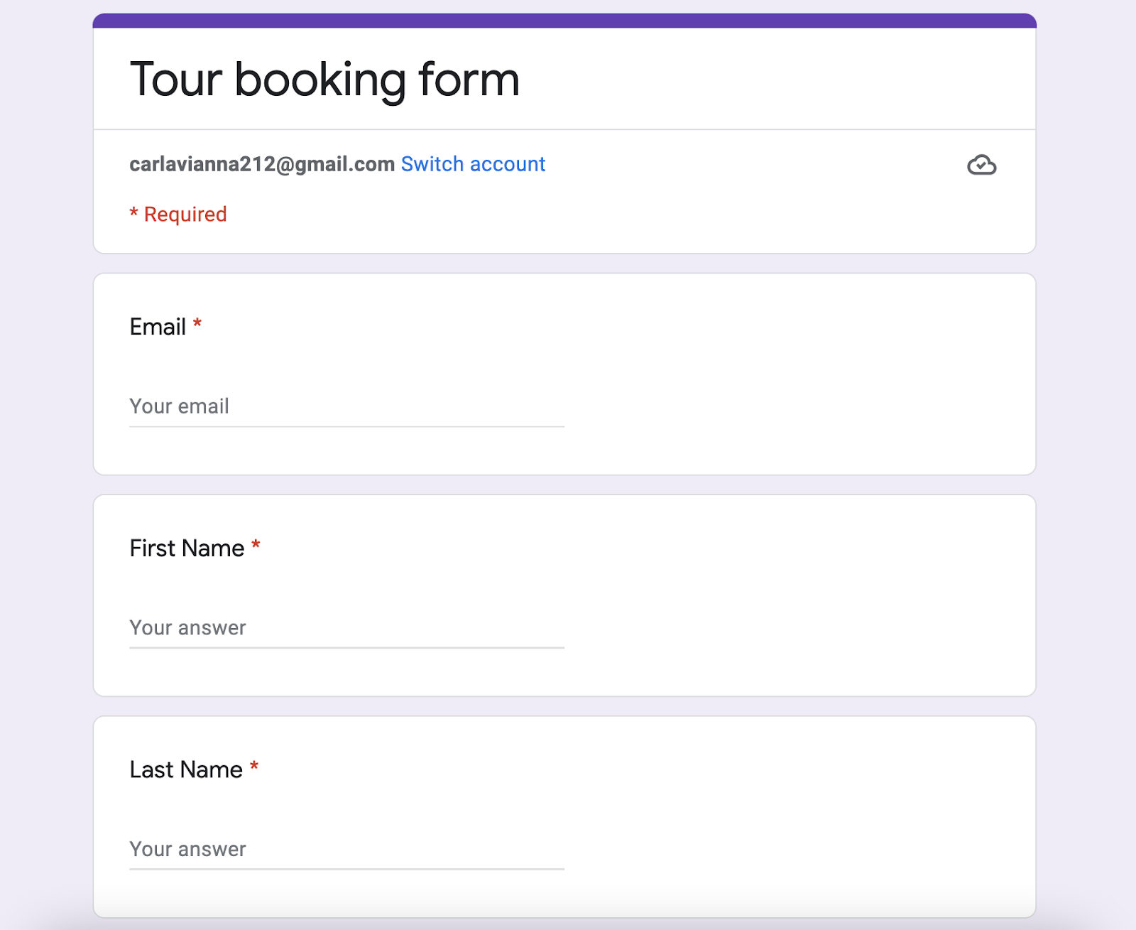 Tour booking form example