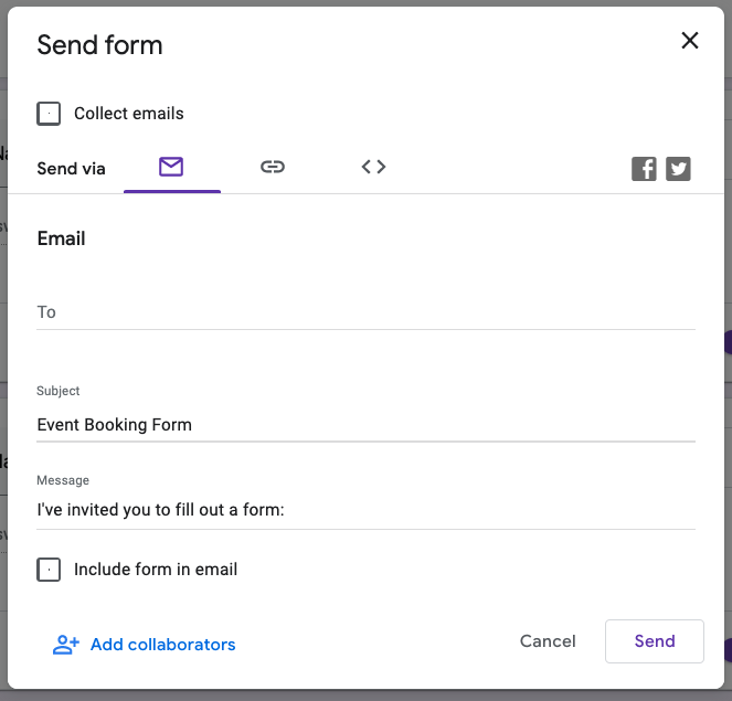 Send form option on Google Forms