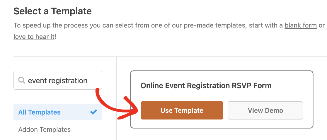 Selecting an event registration template