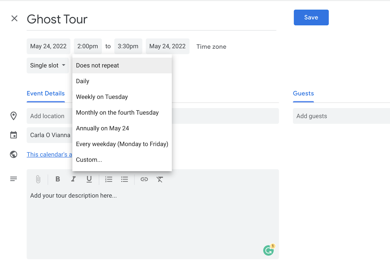Booking Google calendar example