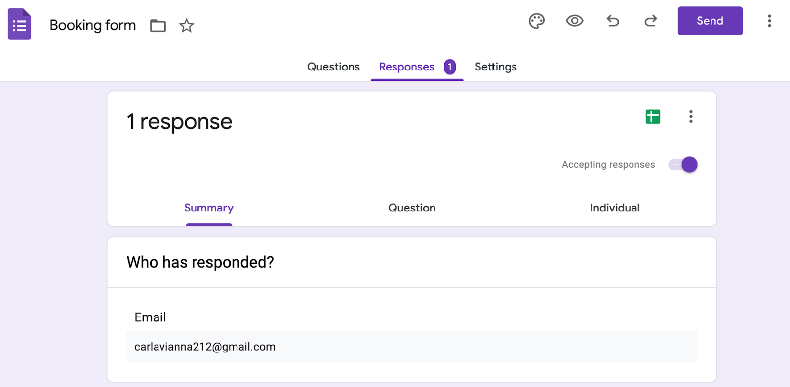 example of response on google forms