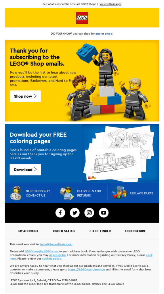 Lego’s thank you for subscribing email