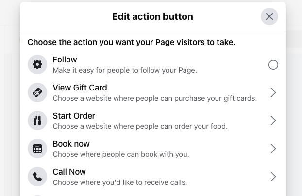 Action buttons Facebook page