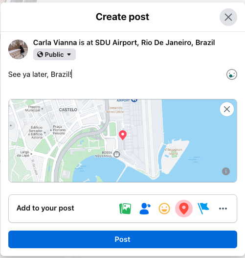 Facebook post about check-in