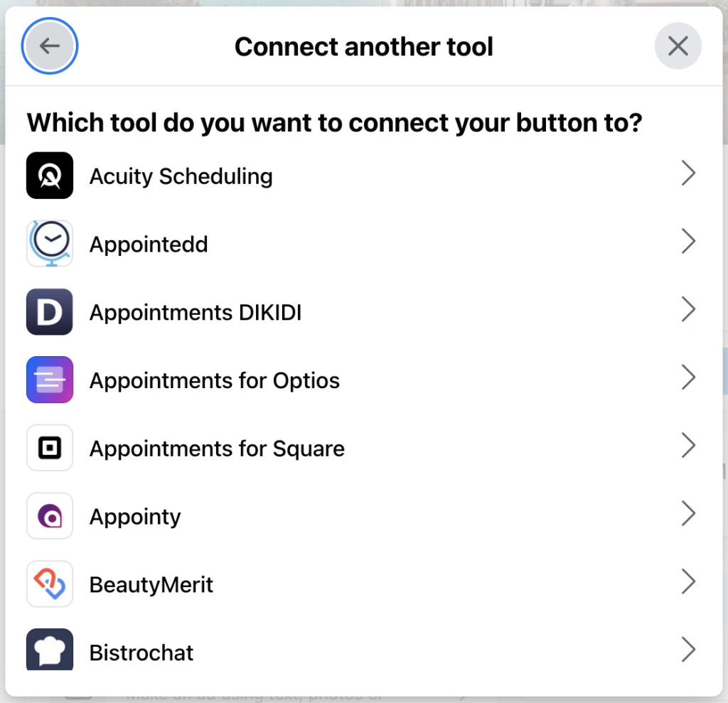 Connect another tool button Facebook